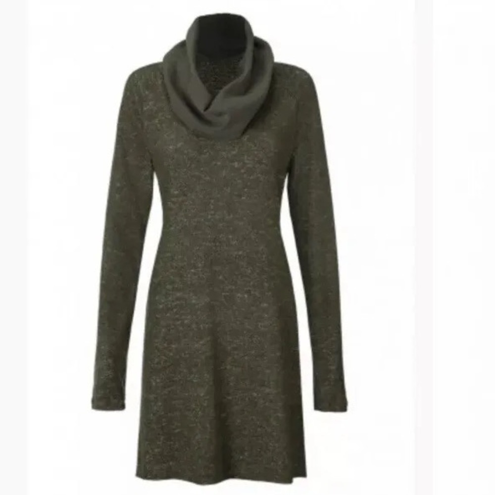 Cabi Solace Square Tag Soft Cowl Neck Tie Waist Dress M Heathered Olive green